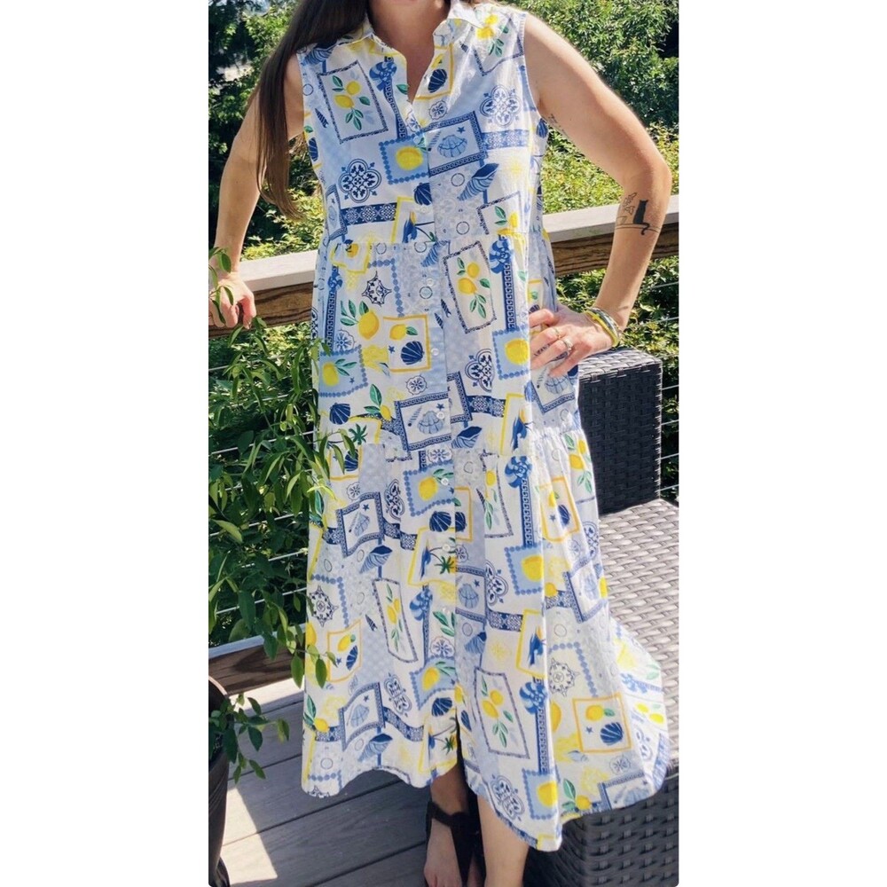 Alexs Lemonade Stand Button-Up Dress Sleeveless, Woven, XL, Midi, Shells/Lemons